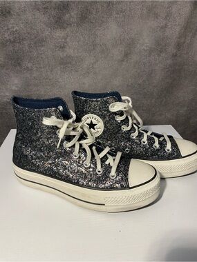 Converse Chuck Taylor All Star Platform High Top Sparkle Glitter Silver Blk 7.5